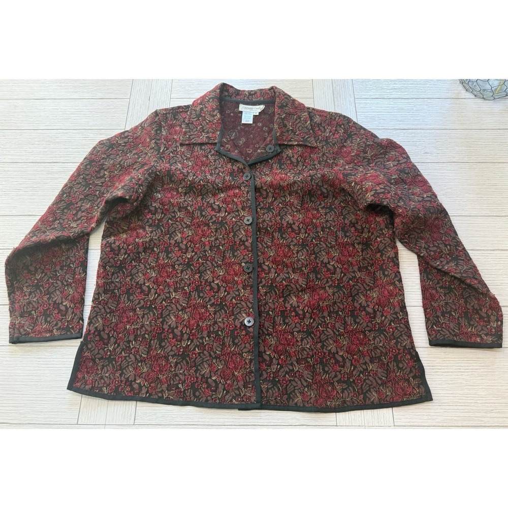Coldwater Creek Cottagecore Career Chic Maroon Floral Button Front LS Jacket 1X